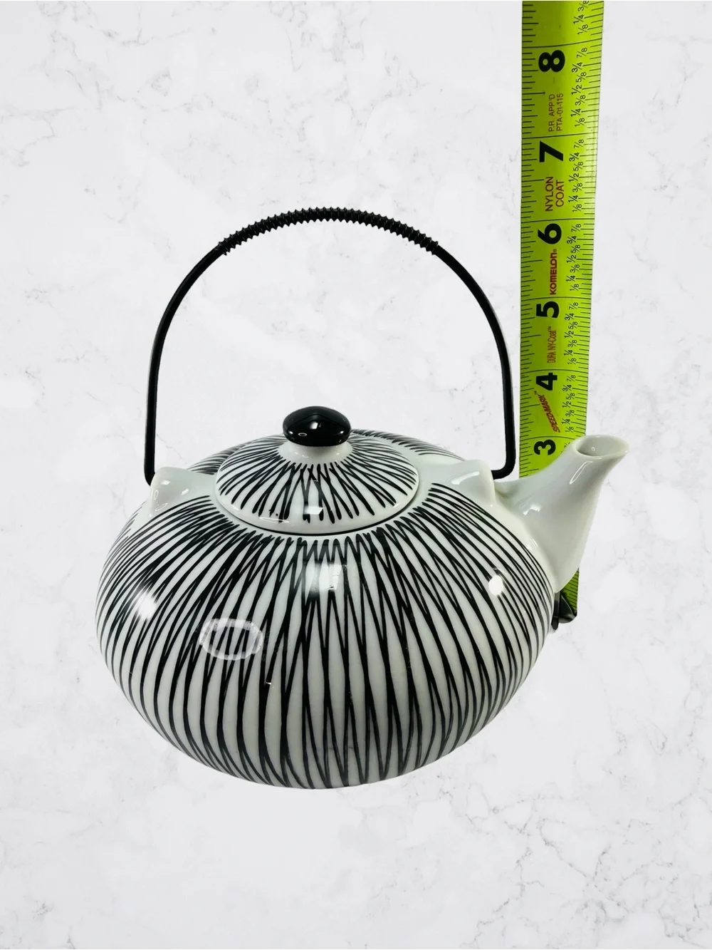 Pier 1 Hand Painted Porcelain Akina Black White Stripe Decorative Tea Pot Kettle